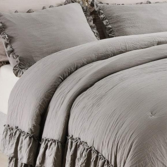 Queen Size Bed Comforter Set Gray Neutral Stone Washed Shabby Chic Ruffle Grey - Picture 7 of 11